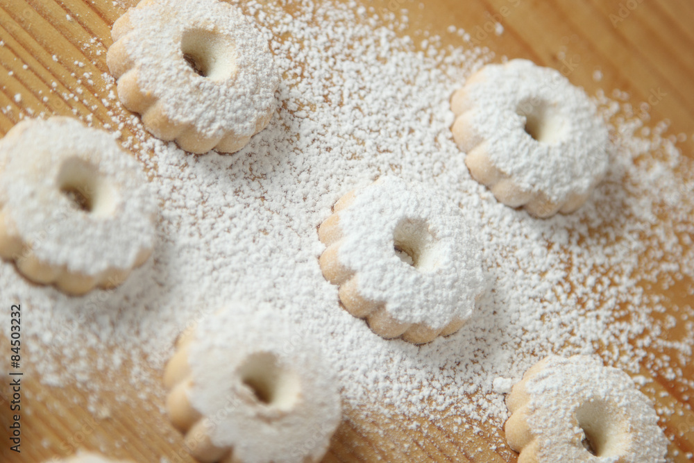 Italian canestrelli biscuits covered with powdered sugar