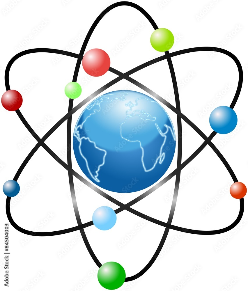 Atom scheme with stylized blue planet Earth Atom scheme with stylized blue planet Earth