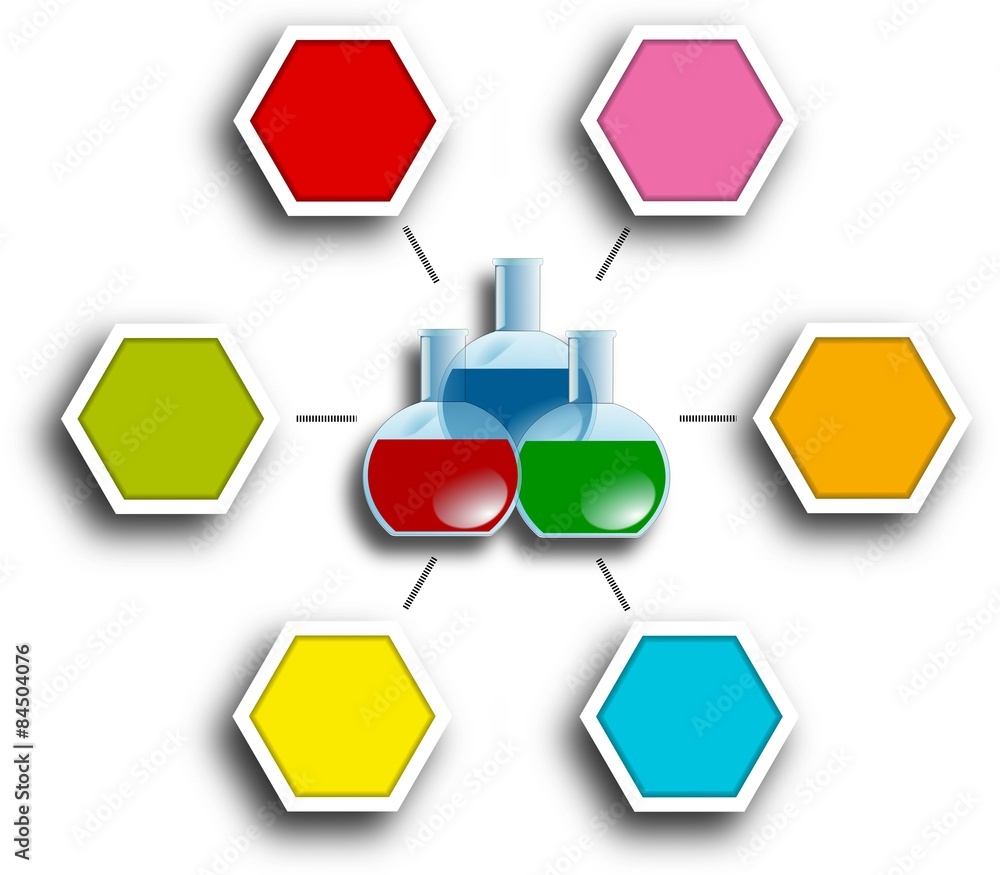 Laboratory flasks in center of hexagonal infografic report chart Laboratory flasks in center of hexagonal infografic report chart