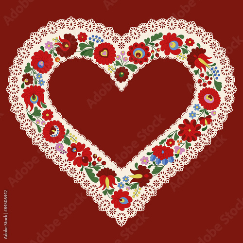 Hungarian embroidery heart frame ribbon with lace edge