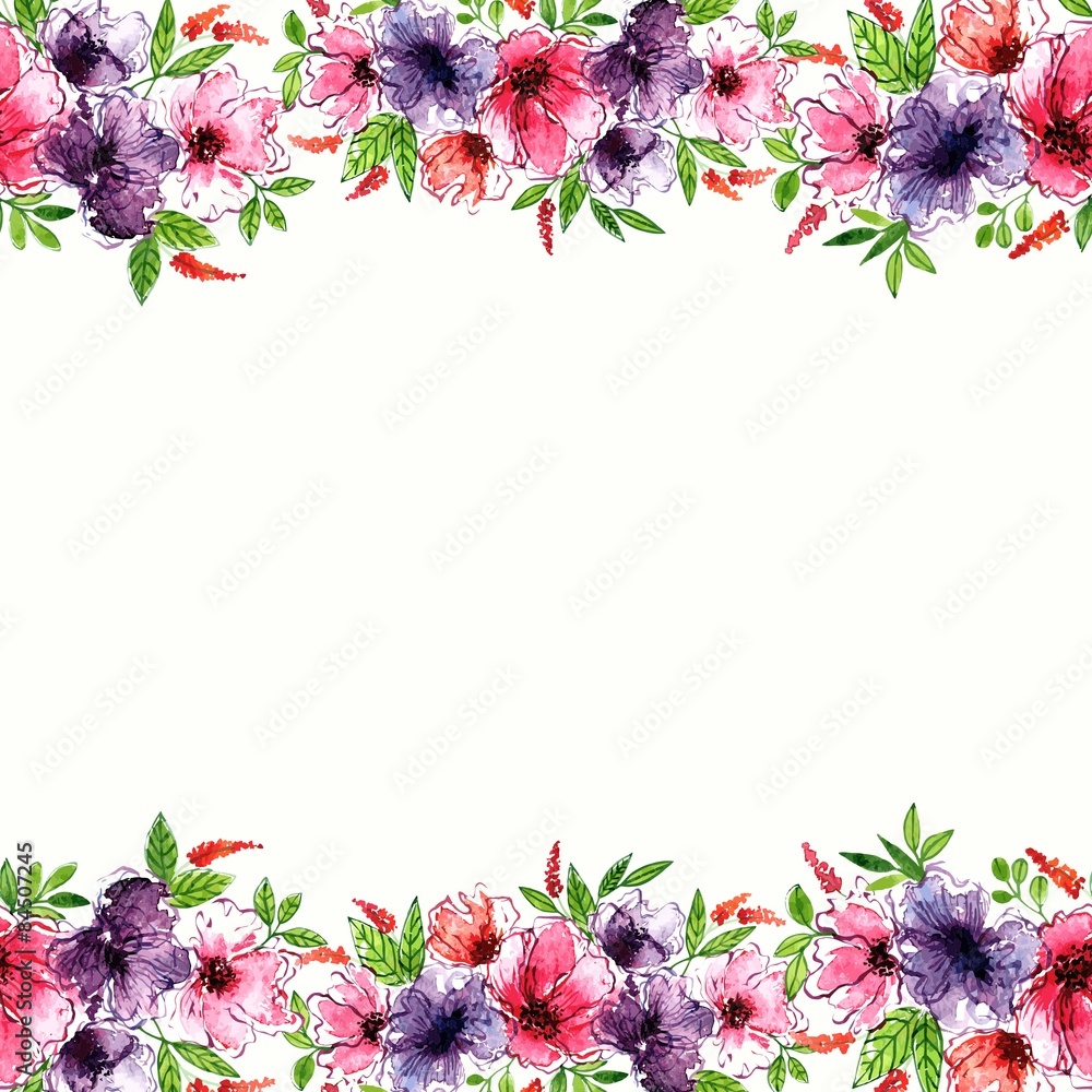 Floral background. Watercolor floral border. Birthday card. Stock