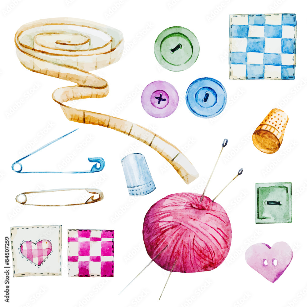 Naklejka premium Sewing watercolor items