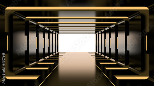 Futuristic dark tunnel with yellow lights