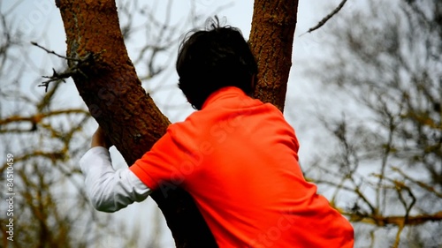 Boy 8 age dressed in red t-shirt climbimg up a tree photo