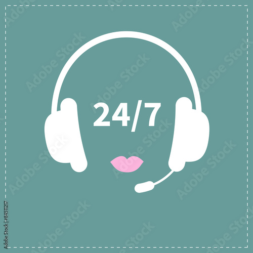 Headphones with microphone Pink lips Non stop 24 7 customer service Support operator help icon Flat design
