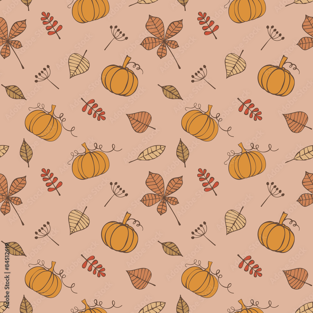 Seamless pattern with pumpkins and leaves