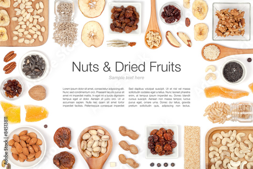 nuts and dried fruits on white background