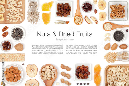 nuts and dried fruits on white background