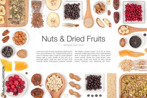 nuts and dried fruits on white background