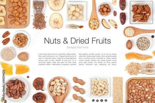 nuts and dried fruits on white background