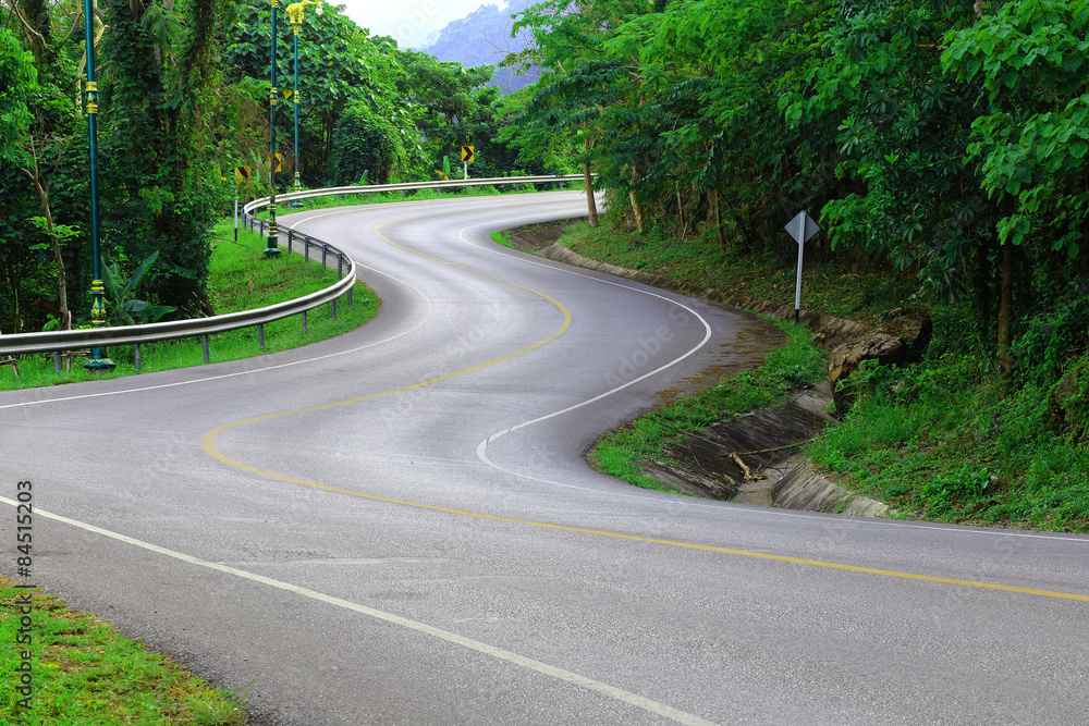 Curve way of asphalt road in the green view.