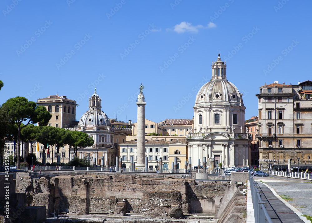 Italy. Rome. Trojan column, churches of Santa Maria di Loreto and Santissima Nome di Maria (Most Holy Name of Mary ),and ruins of a forum of Trajan