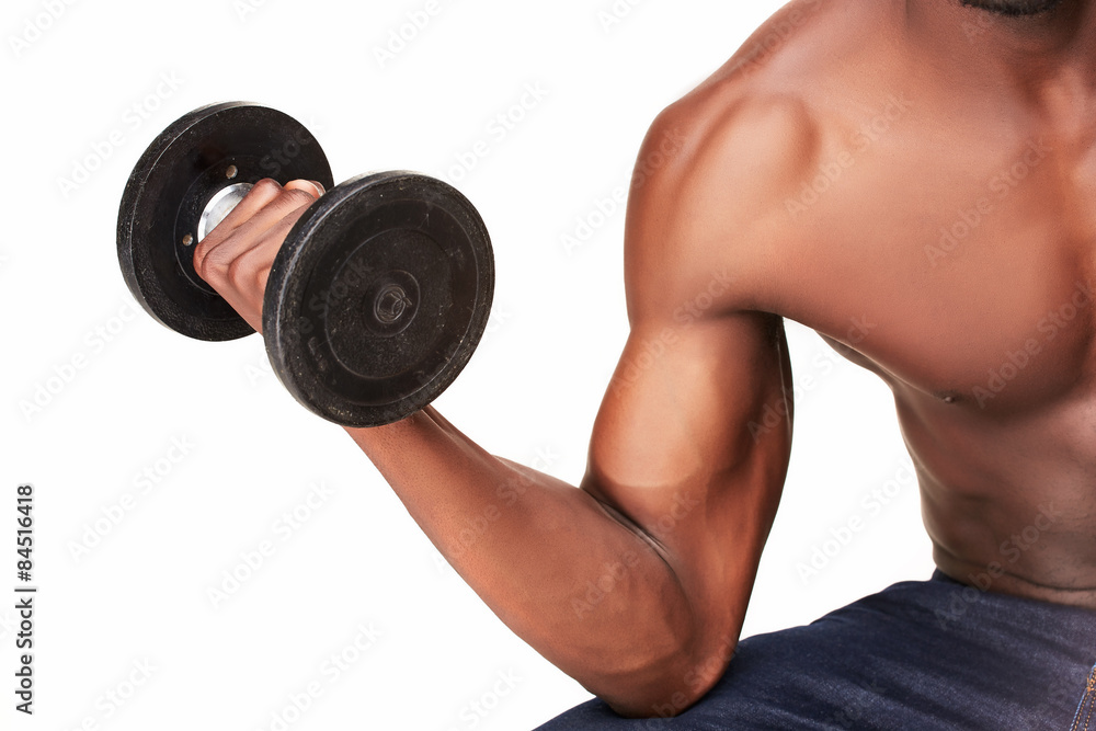 Strong and muscular guy with dumbbell isolated on white Strong and muscular guy with dumbbell isolated on white