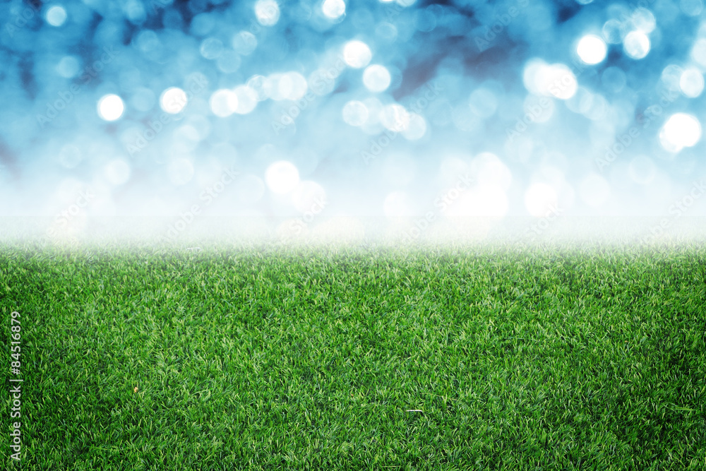 Image of green grass field and bright blue bokeh