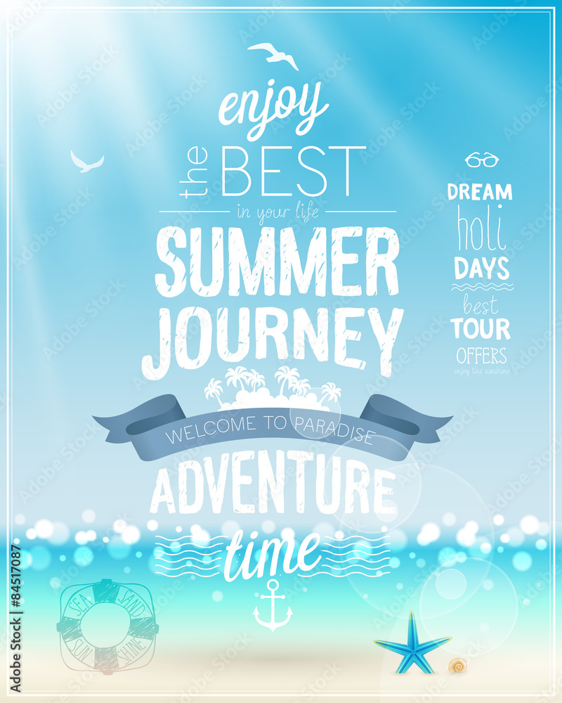 Naklejka premium Summer Journey poster with tropical background.