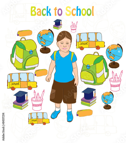 boy schoolboy with a portfolio of books by the globe and pencil case school bus