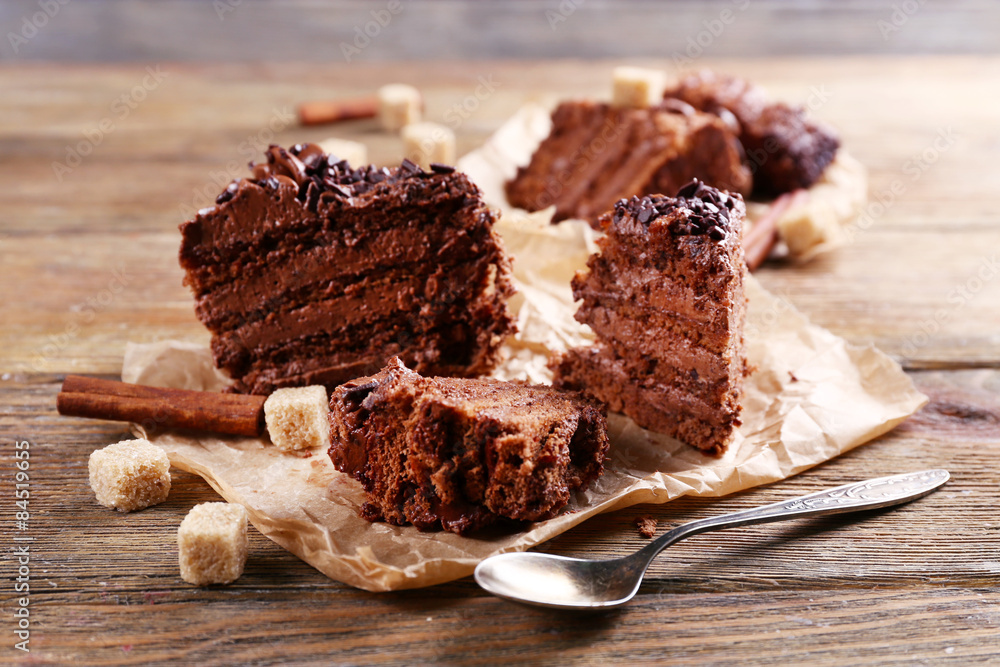 Tasty chocolate cake on table, close-up Tasty chocolate cake on table, close-up