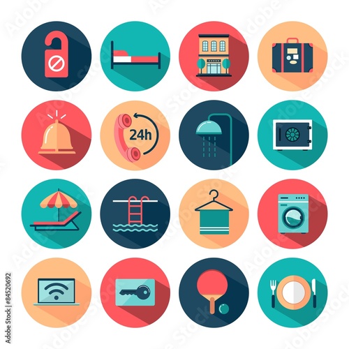 set of flat long shadow hotel icons