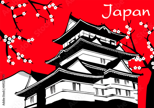 Japanese pagoda sakura flower painting on red background vector