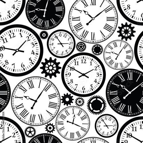 Clock`s seamless pattern. Black and white texture of time.