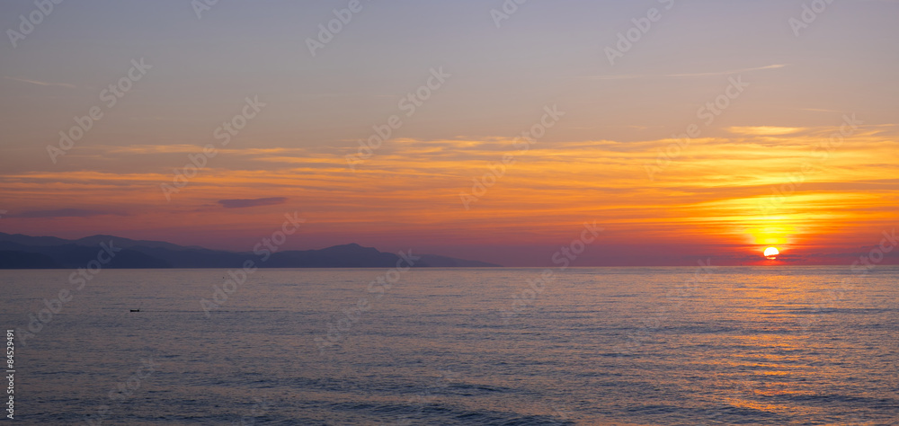 Red sunset on the coast of Gipuzkoa and Bizkaia, Cantabrian sea