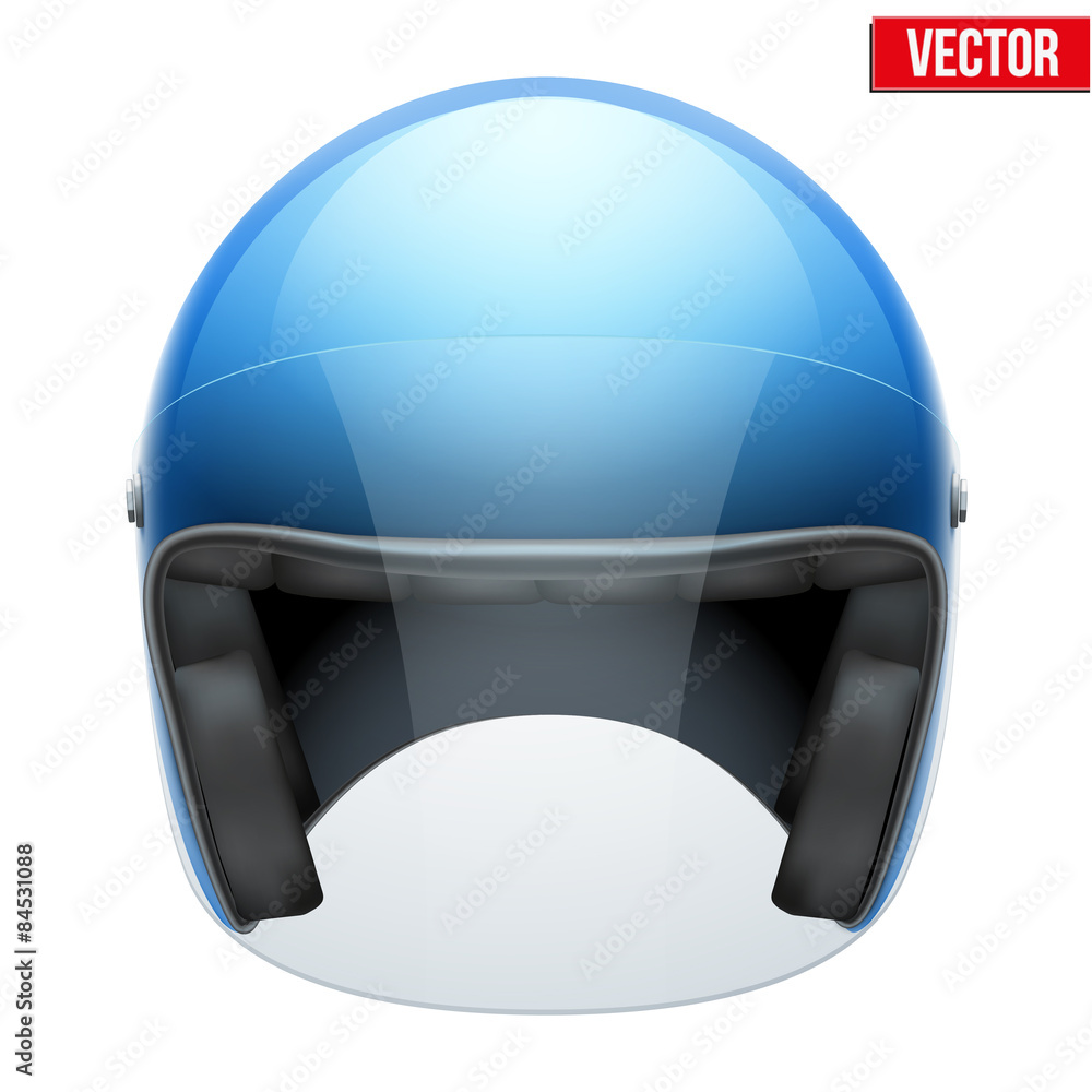Obraz premium Blue motorbike classic helmet with clear glass visor. Vector.