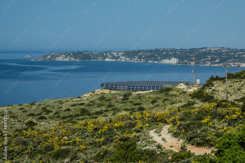 Solar farm on a hill on the island of Kefalonia.