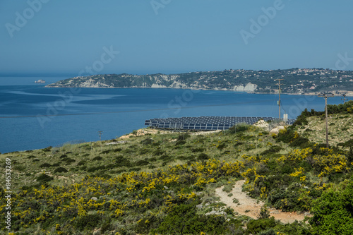 Solar farm on a hill on the island of Kefalonia.