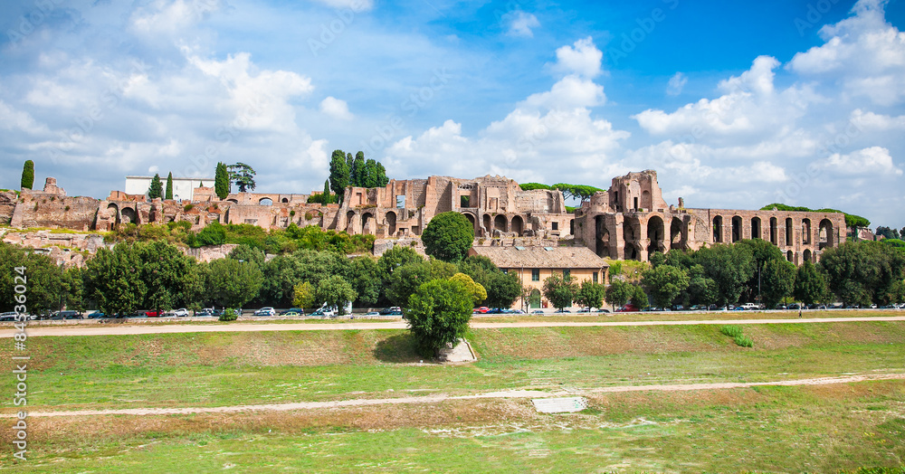 Panoramic view of Circo Massimo ruins in Rome city centre Italy