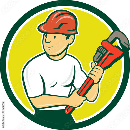 Plumber Holding Monkey Wrench Circle Cartoon