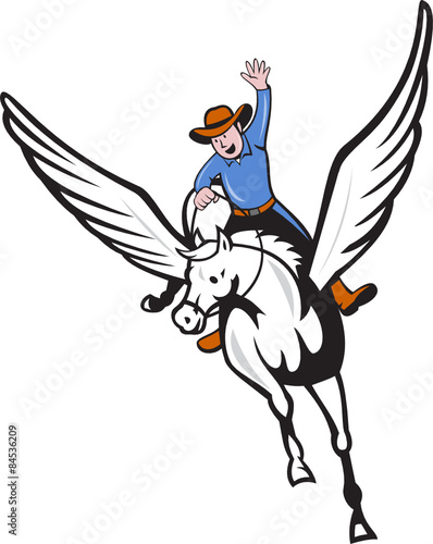 Cowboy Riding Pegasus Flying Horse Cartoon