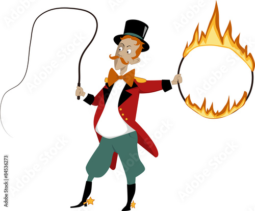 Cartoon lion tamer with a flaming hoop and whip