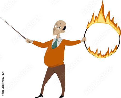 Teacher with a flaming hoop and a pointer