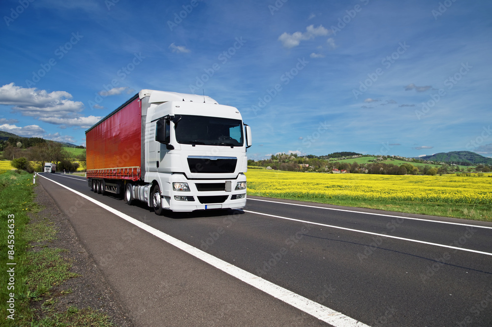 White trucks driving on asphalt road between yellow flowering rapeseed field