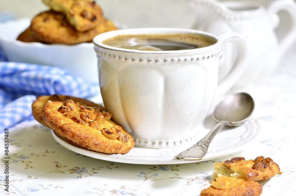 Homemade cookies with peanut and cup of coffee. Homemade cookies with peanut and cup of coffee.