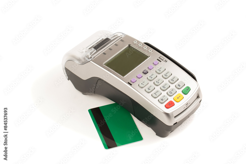 Credit card and card reader on white background Credit card and card reader on white background