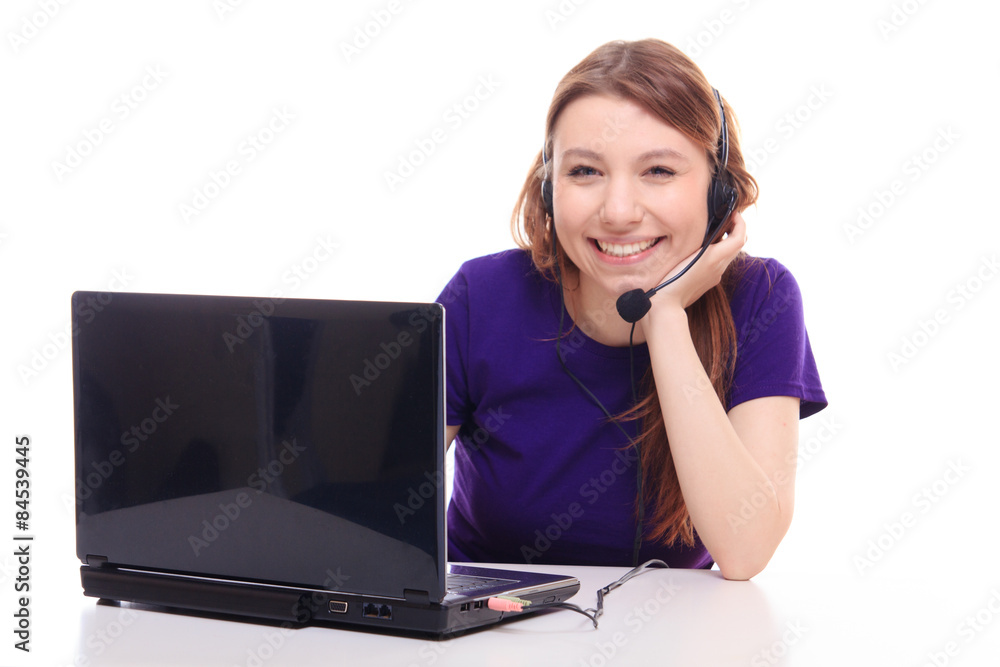 Pretty girl works at the computer Pretty girl works at the computer