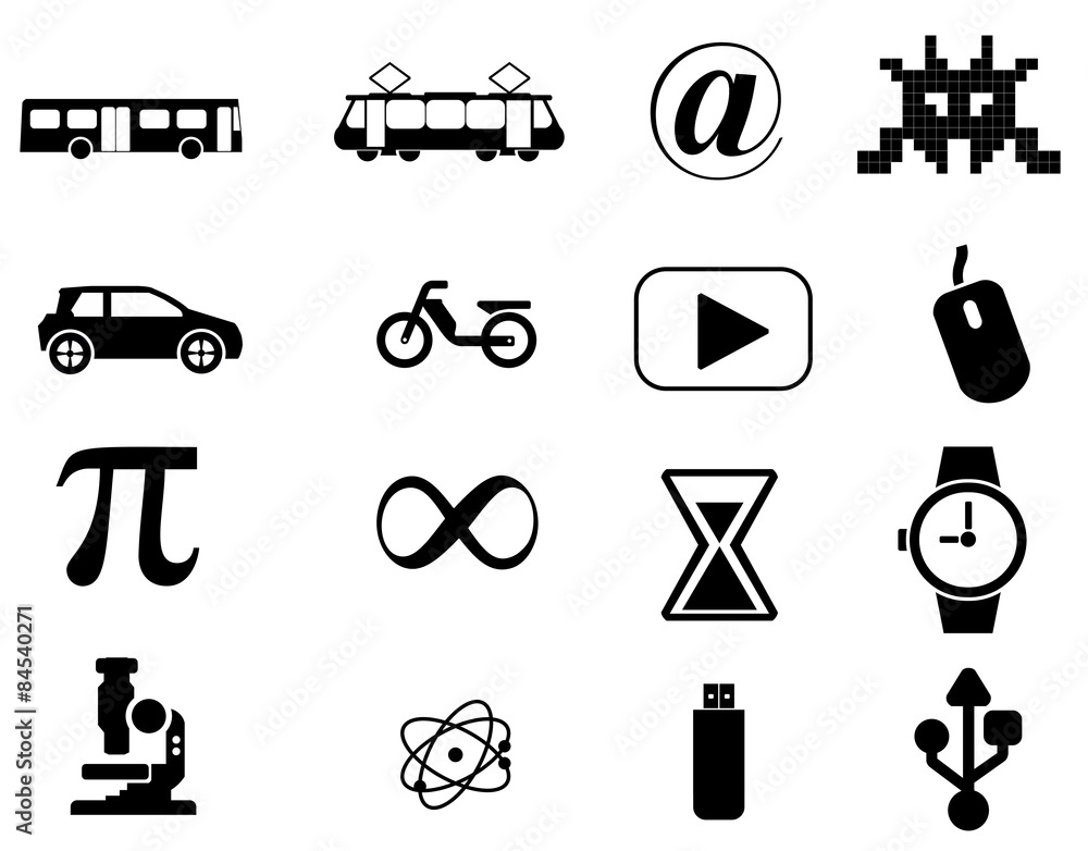 Transport, informatique et science en 16 icônes Transport, informatique et science en 16 icônes