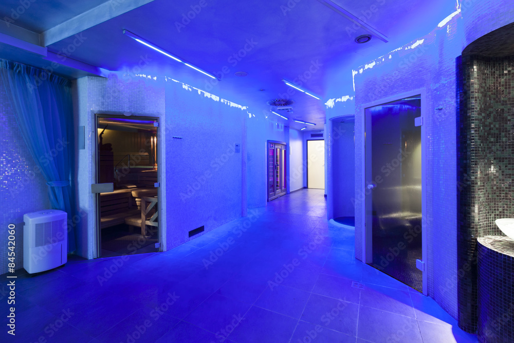 Interior of spa center with neon lights Interior of spa center with neon lights