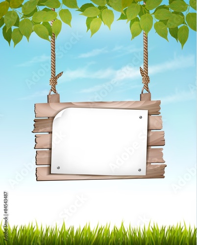 Natural background with leaves and a wooden sign. Vector.