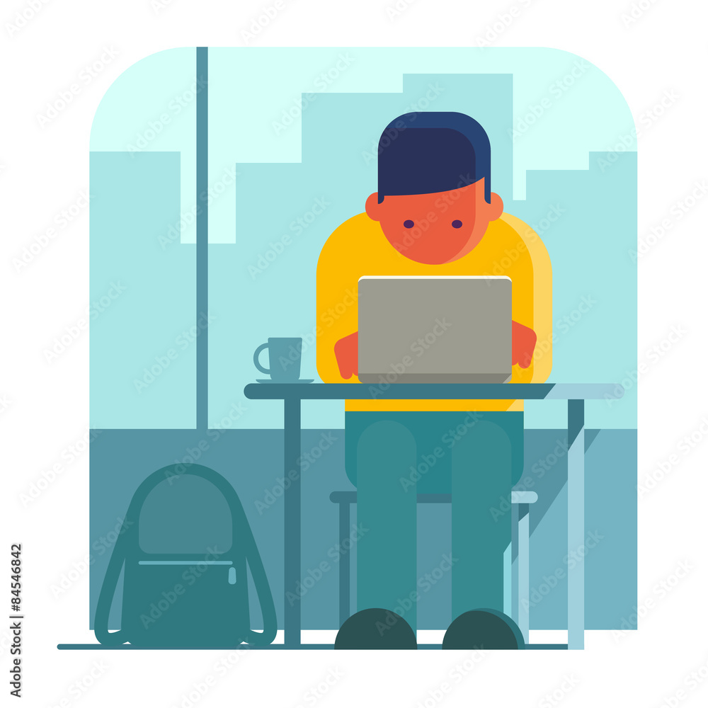 Man working on laptop in cafe Man working on laptop in cafe