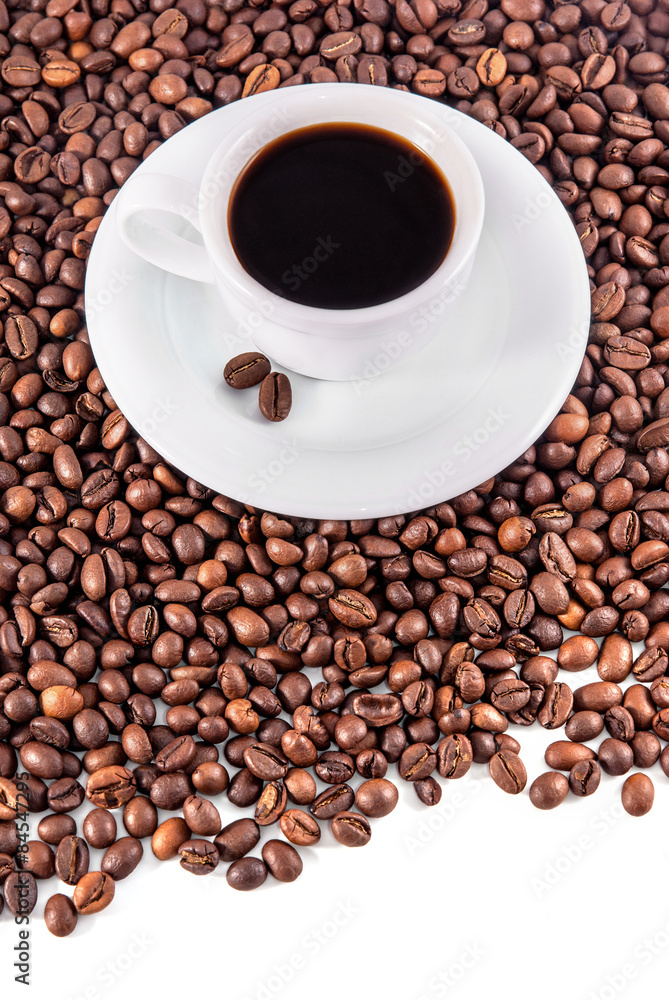 Cup of coffee with saucer and beans on white background Cup of coffee with saucer and beans on white background