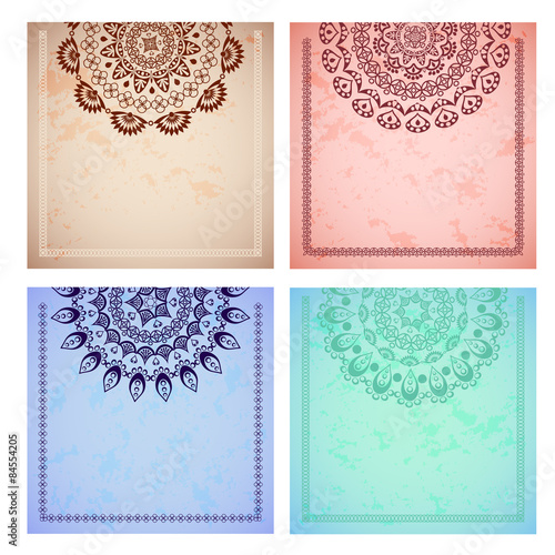 Set of colored blank cards with half lace mandalas
