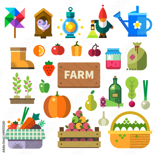 Farm in the village. Elements and sprites. Vector flat illustrations
