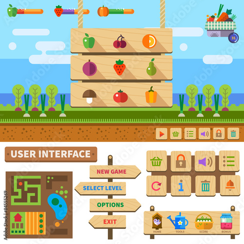 Farm in the village. Wooden User Interface for game