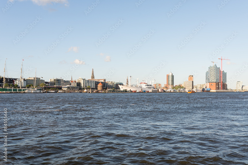 View to the City riverbank from the harbor side Hamburg