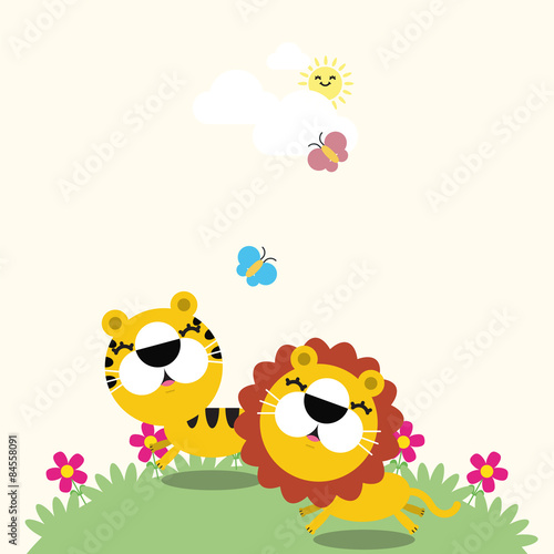 Illustration of a lion, tiger and the butterflies. Vector illustration of cute animals with place for text