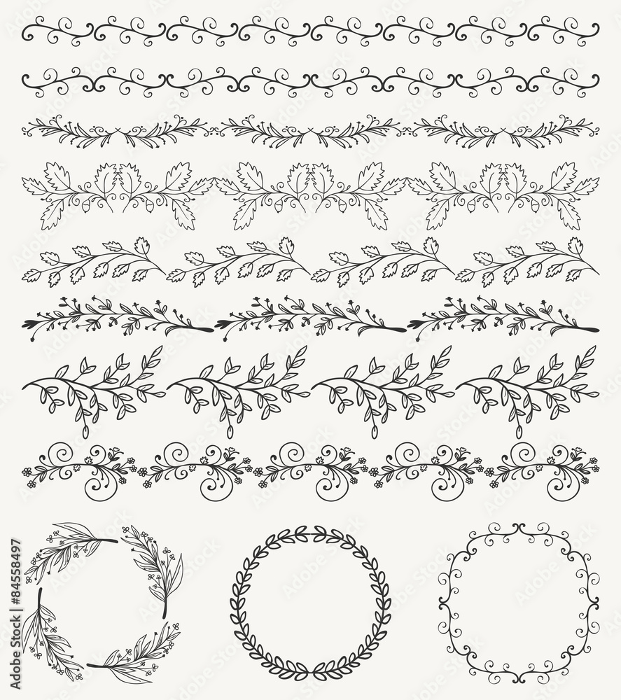 Hand Sketched Seamless Borders, Frames, Dividers, Swirls