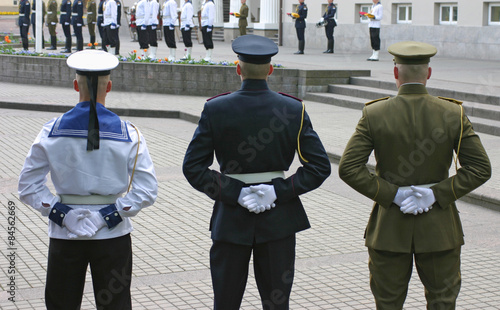 Photography Three army honor guards during official ceremony in Vilnius, Lithuania