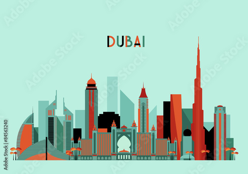 Dubai City Skyline Silhouette. Flat Design, Trendy
